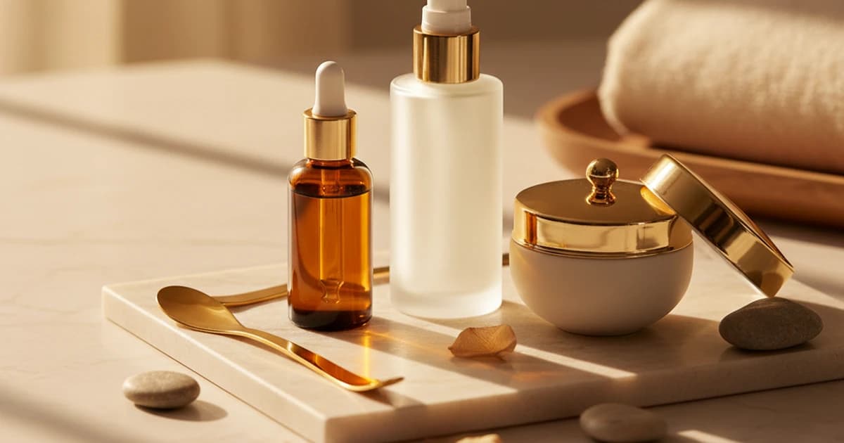 Elegant skincare products arranged with warm golden tones, representing a post-HIFU skincare routine