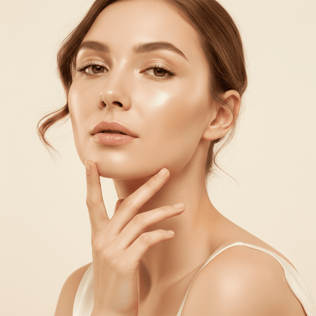 Woman touching her face, admiring smooth skin after HIFU treatment