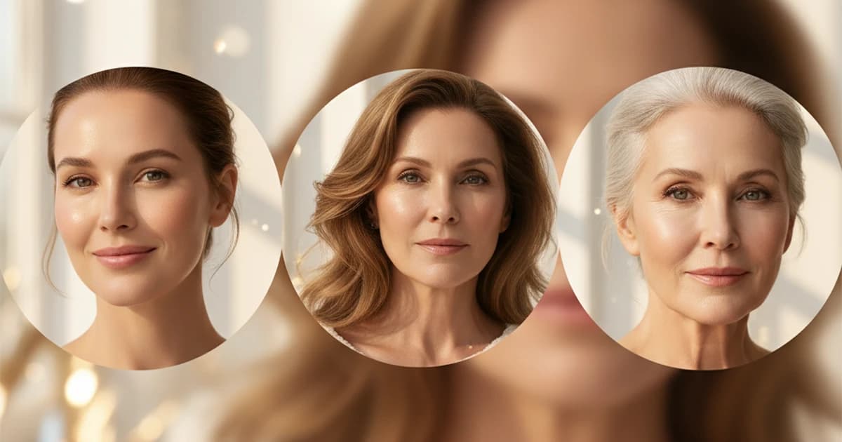 Three women of different ages with radiant, healthy skin in warm golden lighting