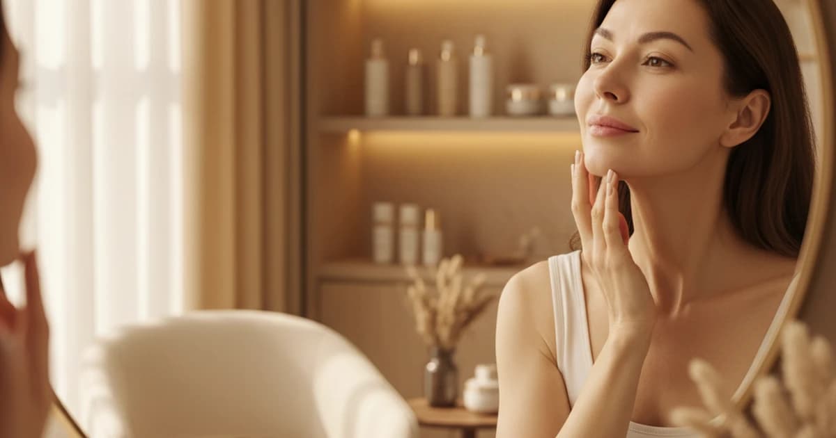 Woman checking her jawline in a mirror, representing realistic HIFU expectations